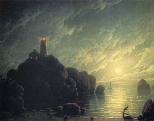 Moonlight and Lighthouse, vintage artwork by Robert Salmon, 12x8" (A4) Poster