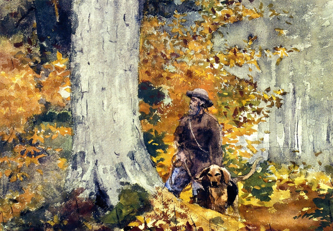 Adirondack Woods, Guide and Dog, vintage artwork by Winslow Homer, 12x8" (A4) Poster
