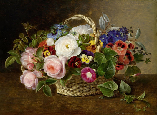 Flower Still-life with Roses, Winds and Pansies in a Basket, vintage artwork by Johan Laurentz (J.L.) Jensen, A3 (16x12") Poster Print