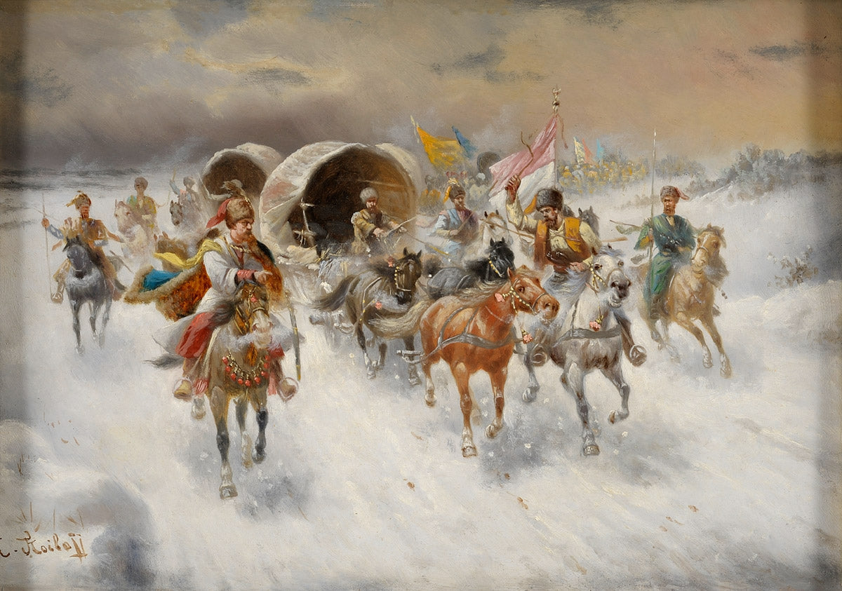 Gold transportation in the taiga, vintage artwork by Constantin Stoiloff, 12x8" (A4) Poster