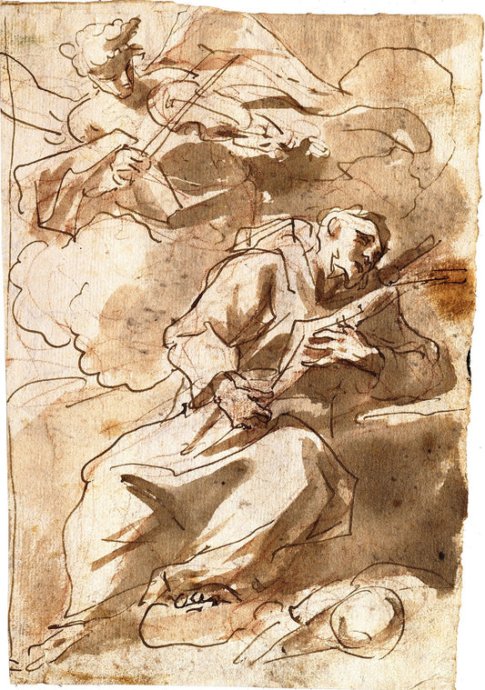 An Angelic Minstrel Appears to Saint Francis, vintage artwork by Gaspare Diziani, 12x8" (A4) Poster