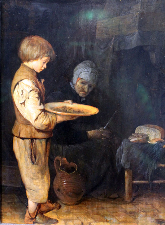 Old Woman and Boy Sharing a Simple Meal, vintage artwork by Gerard ter Borch the Elder, 12x8" (A4) Poster