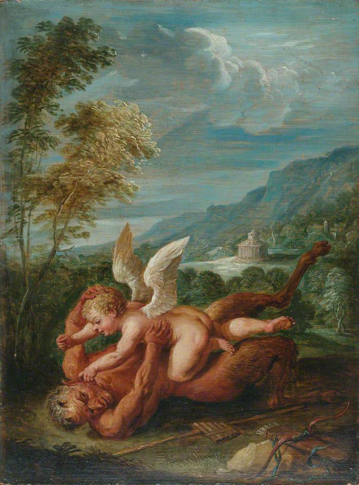Cupid Overcoming Pan (after Annibale Carracci), vintage artwork by David Teniers (II), 12x8" (A4) Poster
