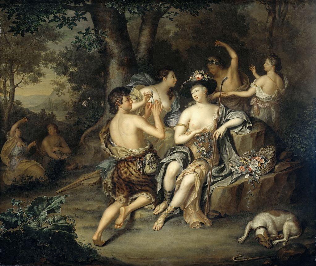 Shepherds and shepherdesses in a landscape, vintage artwork by Hieronymus van der Mij, 12x8" (A4) Poster