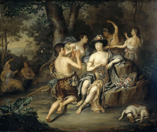 Shepherds and shepherdesses in a landscape, vintage artwork by Hieronymus van der Mij, 12x8" (A4) Poster