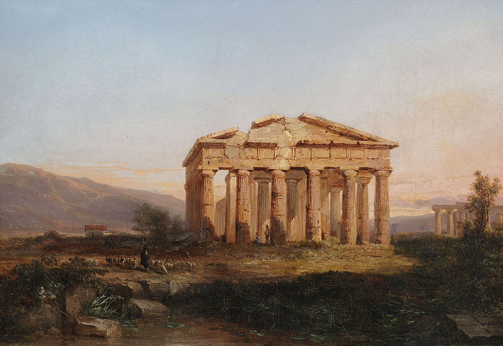 The Temple at Paestum in Evening Light, vintage artwork by Jules Coignet, A3 (16x12") Poster Print
