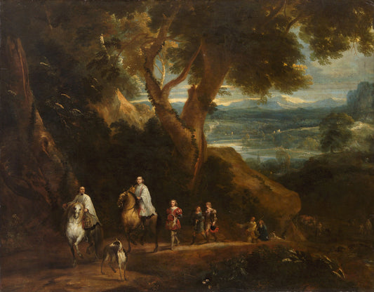 Landscape with Rudolf von Habsburg and Priest, vintage artwork by Jacques d'Arthois, 12x8" (A4) Poster