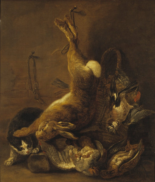 Cat and Still Life with Game, vintage artwork by Jan Fyt, 12x8" (A4) Poster