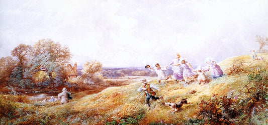 Children Running down a Hill, vintage artwork by Myles Birket Foster, 12x8" (A4) Poster