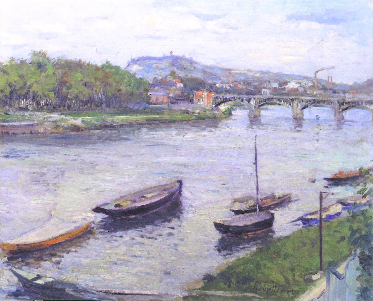 The Bank and Bridge at Argenteuil, vintage artwork by Gustave Caillebotte, 12x8" (A4) Poster