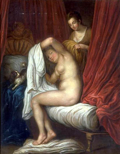 Le Lever (after Watteau), vintage artwork by French School 18th Century - Unknown, 12x8" (A4) Poster