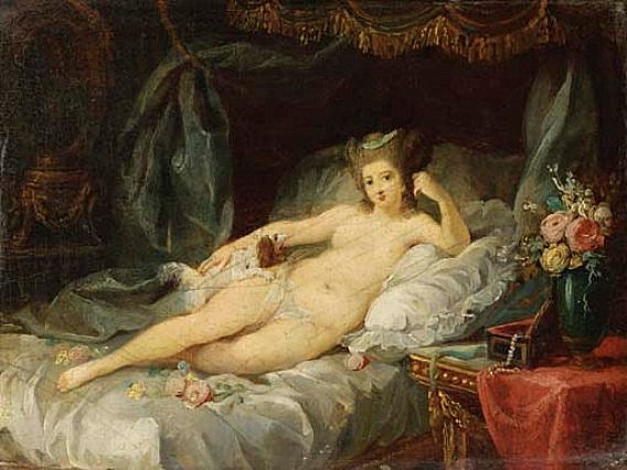 Naked Woman Reclining on a Bed, vintage artwork by Jean-Frederic Schall, 12x8" (A4) Poster