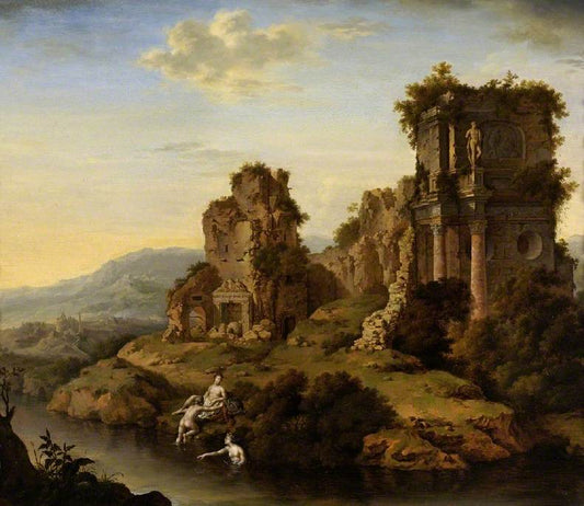 Landscape with Nymphs, vintage artwork by Willem van Mieris, 12x8" (A4) Poster