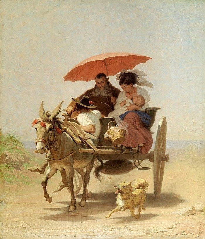 Donkey Cart with a Capuchin Friar and a Young Mother, vintage artwork by Alfred Jacques van Muyden, A3 (16x12