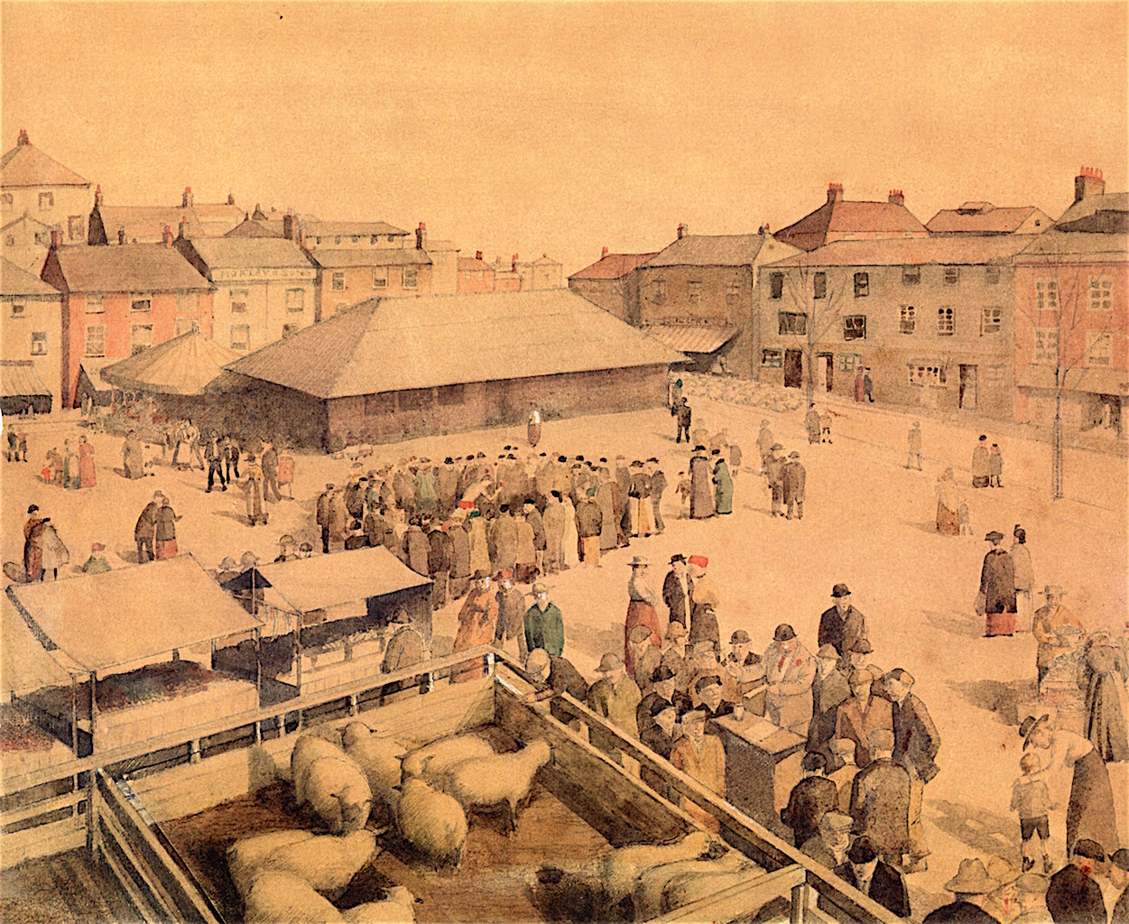 A Market Square with Sheep Auction by Winifred Knights,16x12(A3) Poster