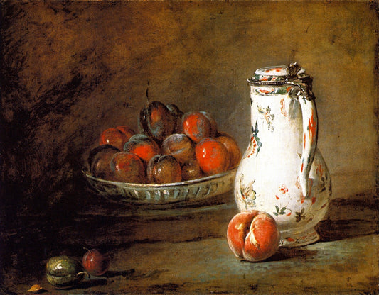 Bowl of Plums, a Peach and Water Pitcher, vintage artwork by Jean-Baptiste-Simeon Chardin, 12x8" (A4) Poster