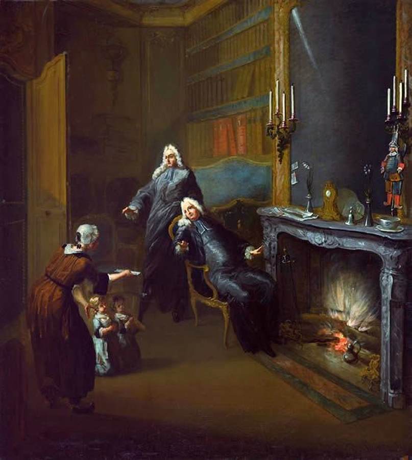 Two Children Presented by  a Maid in a Lawyer's Chambers, vintage artwork by Gabriel-Jacques de Saint-Aubin, 12x8" (A4) Poster
