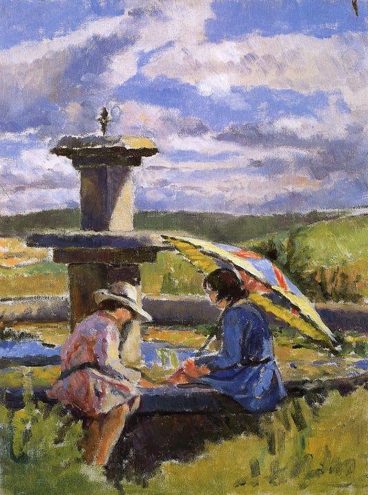 Betty and Babbin by a Fountain by Mainie Jellett,16x12(A3) Poster