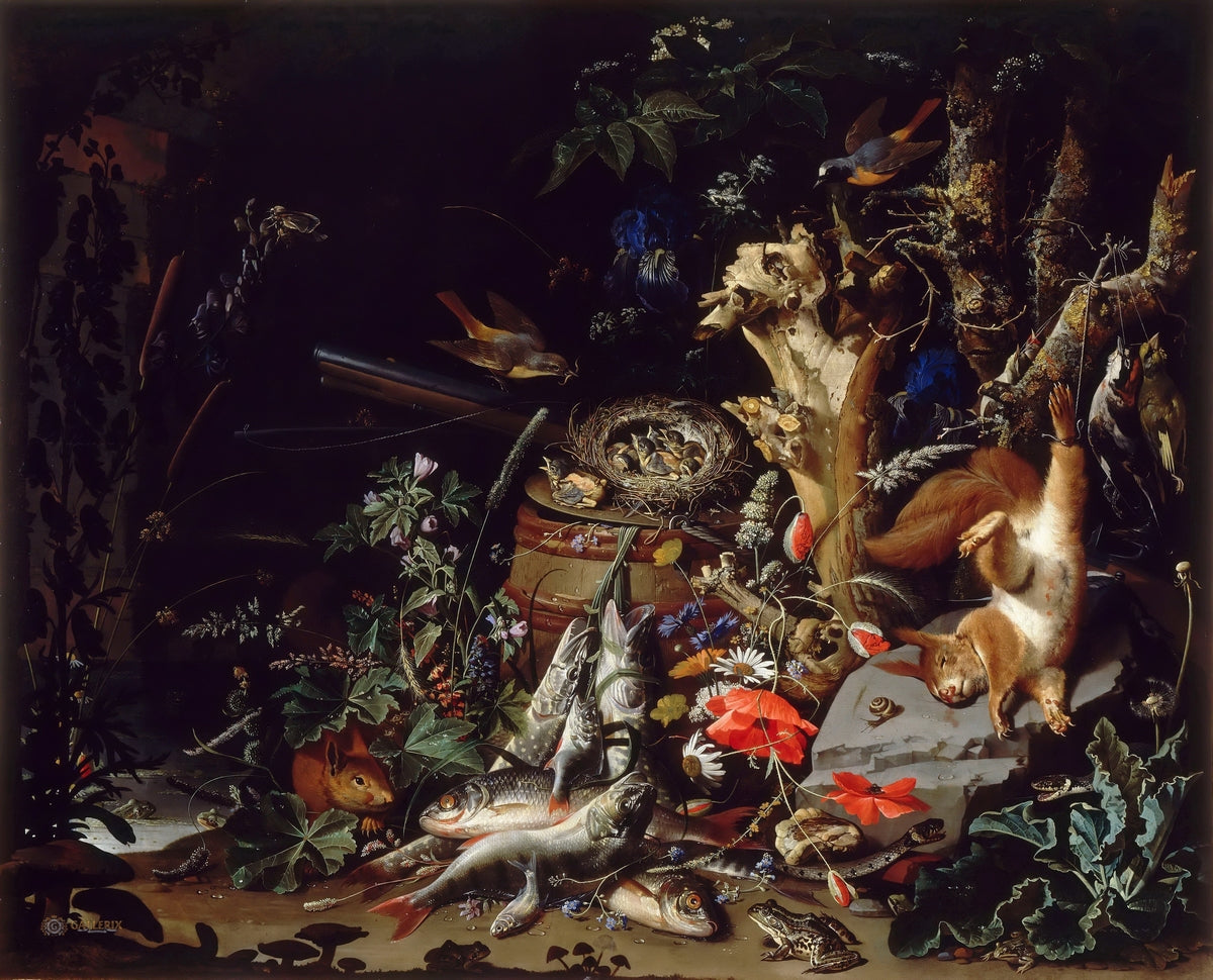 Nest of Redstarts, vintage artwork by Abraham Mignon, 12x8" (A4) Poster