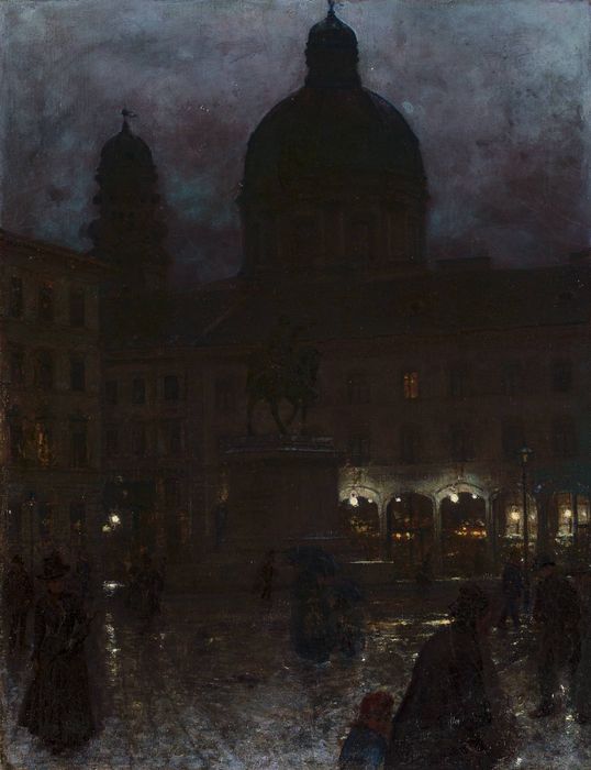Wittelsbachplatz in Munich at Night, vintage artwork by Aleksander Gierymski, 12x8" (A4) Poster