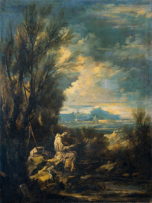 Landscape with Saint Bruno, vintage artwork by Alessandro Magnasco, 12x8" (A4) Poster