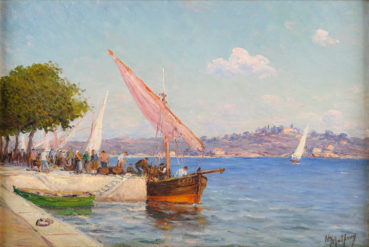 Fish Market on Hafen Quai, vintage artwork by Henry Malfroy-Savigny, 12x8" (A4) Poster