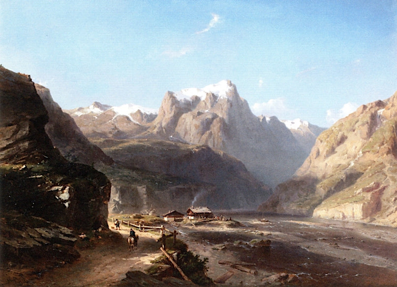 Travelers on a Path near a Lake in the Alps, vintage artwork by Johan Hendrik Louis Meijer, A3 (16x12") Poster Print