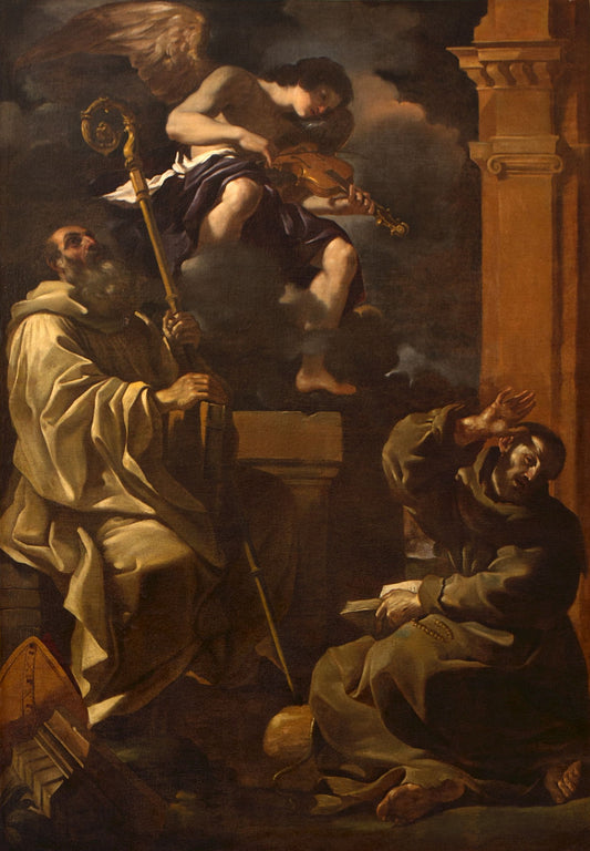 Saint Benedict and Saint Francis Listening to a Musician Angel, vintage artwork by Guercino, 12x8" (A4) Poster