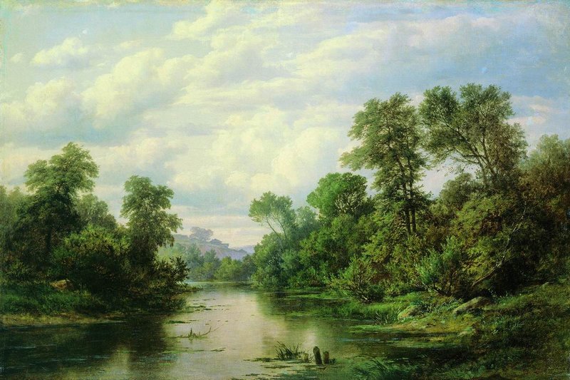 Morning on the River, vintage artwork by Pavel Dzhogin, 12x8" (A4) Poster