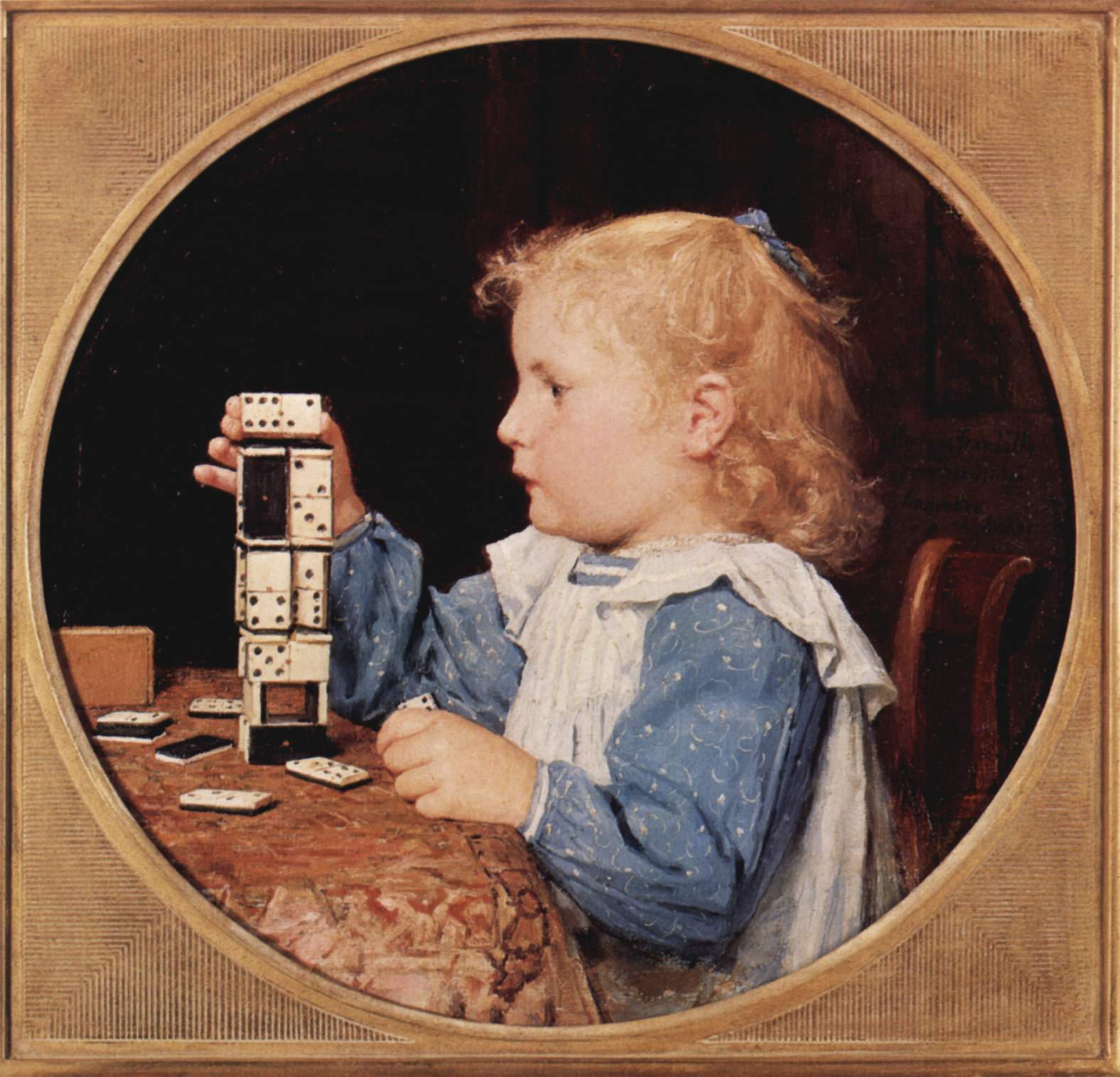 Girl with Dominoes, vintage artwork by Albert Anker, 12x8" (A4) Poster