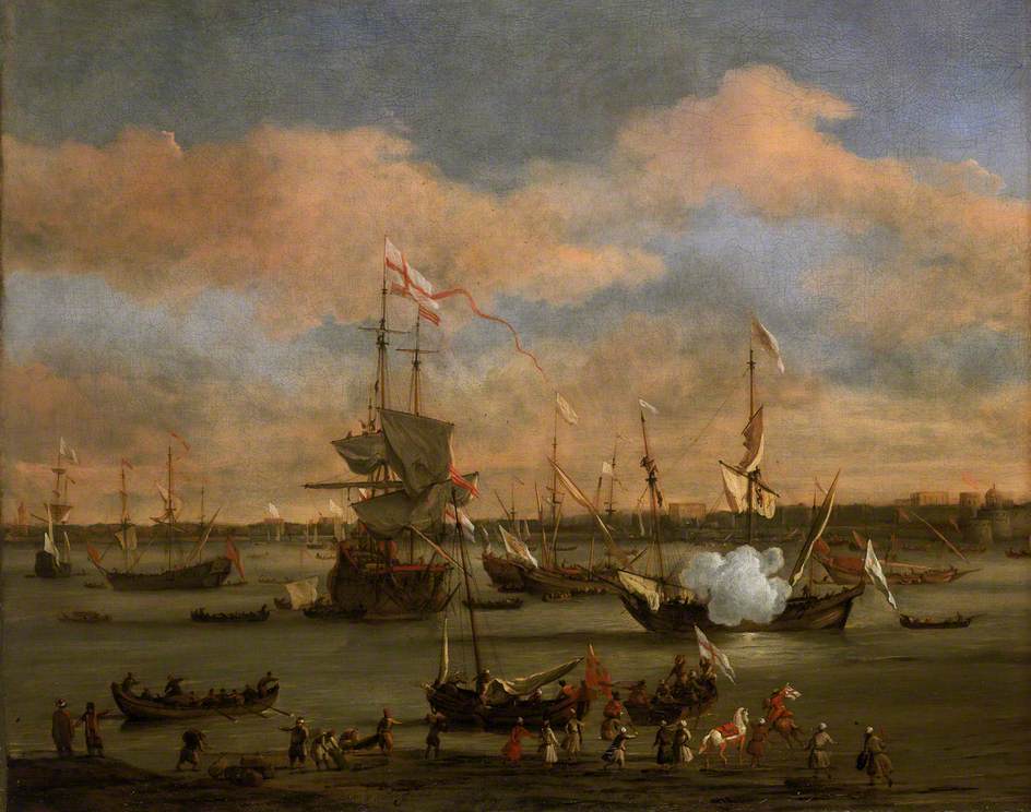 An English Merchant Ship in a Mediterranean Harbour in a Light Breeze with Other Vessels, vintage artwork by Willem van de Velde the Younger, 12x8" (A4) Poster