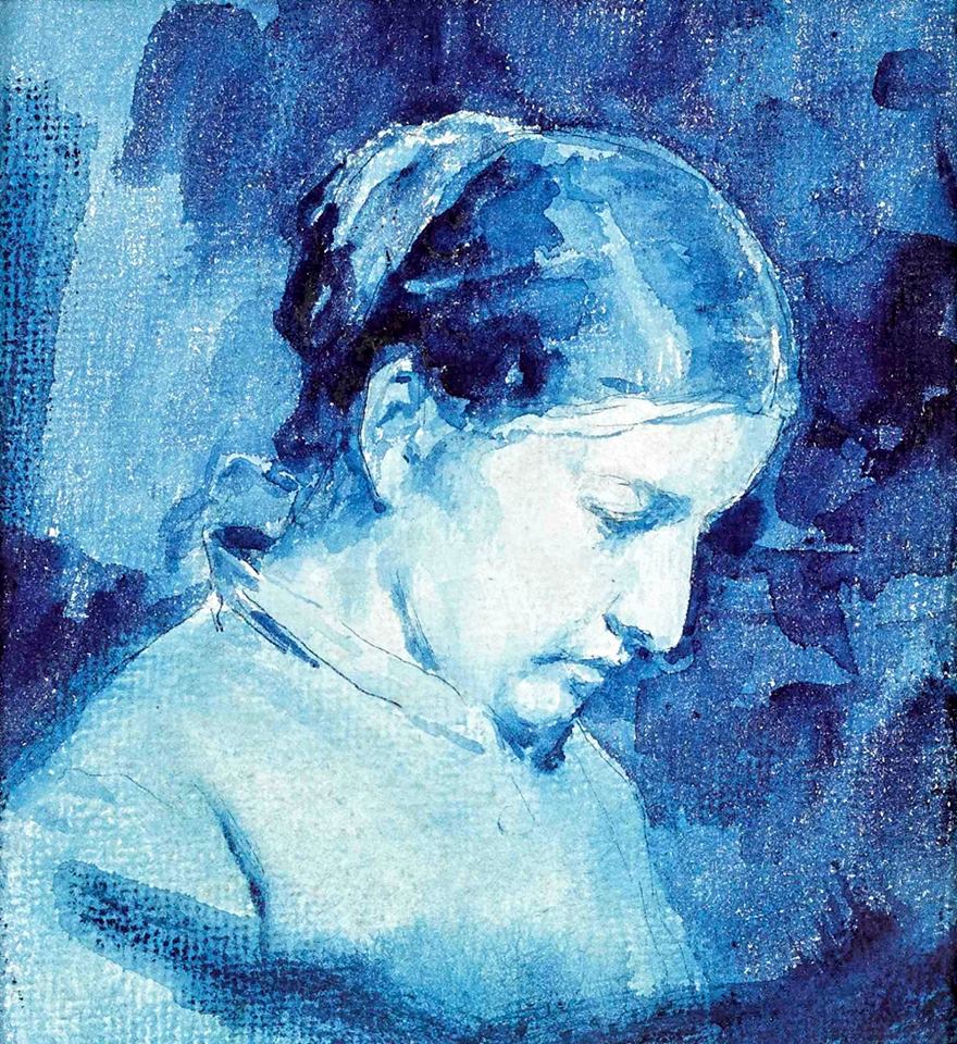 Blue Head, vintage artwork by Albert Anker, 12x8" (A4) Poster