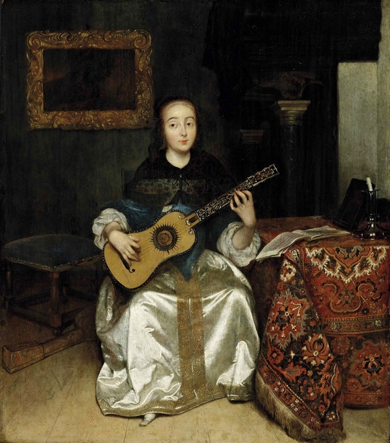 An Elegant Woman playing the Guitar by  a Draped Table, in an Interior, vintage artwork by Caspar Netscher, 12x8" (A4) Poster