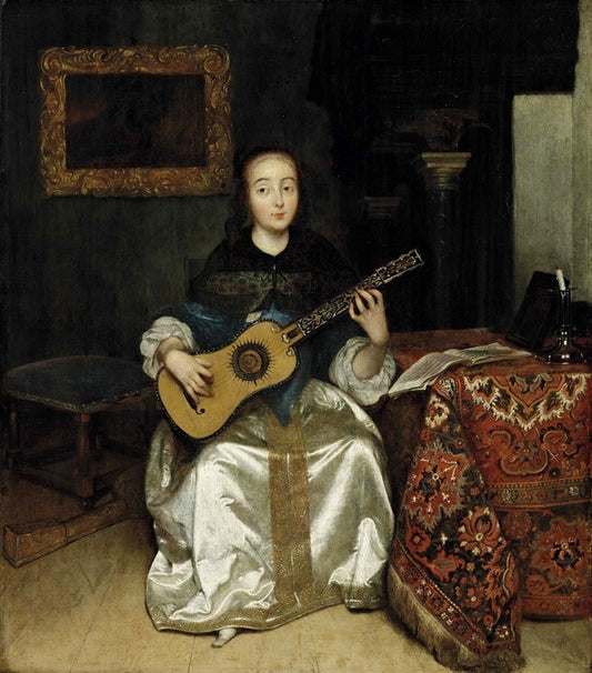 An Elegant Woman playing the Guitar by  a Draped Table, in an Interior, vintage artwork by Caspar Netscher, 12x8" (A4) Poster