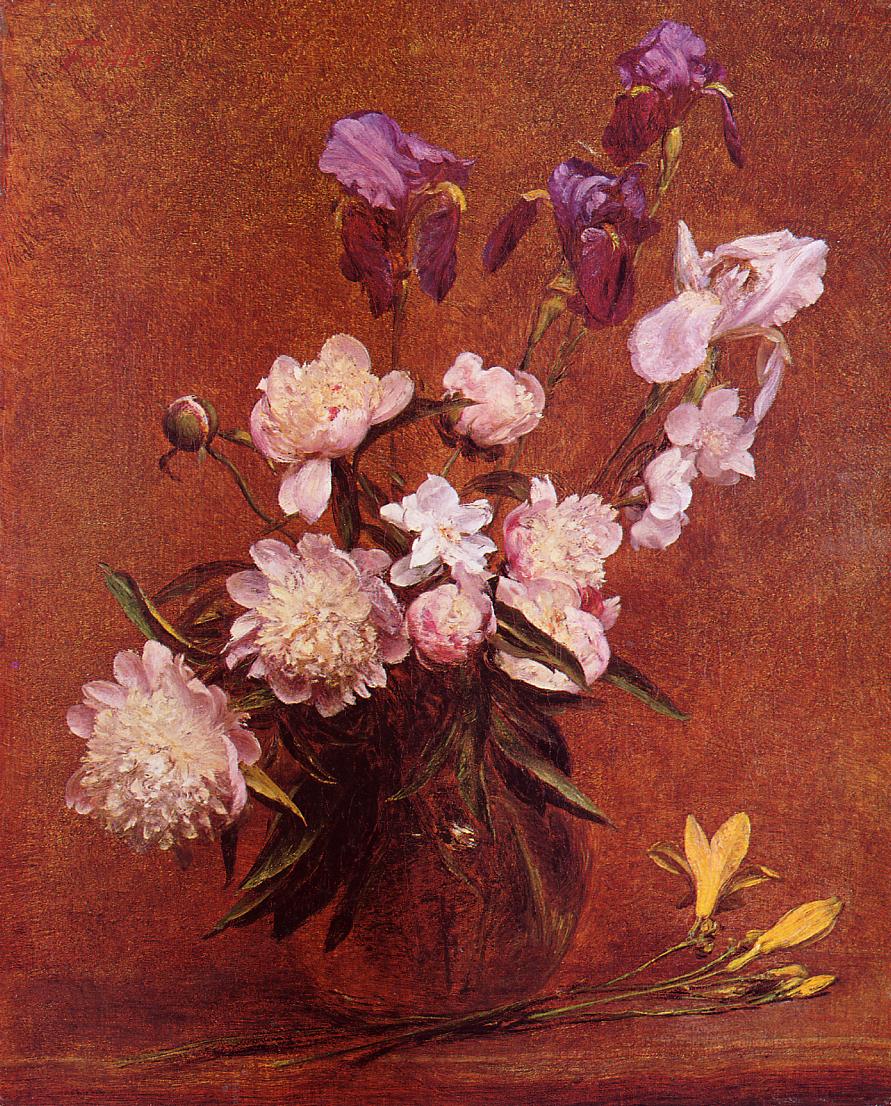 Bouquet of Peonies and Iris, vintage artwork by Henri Fantin-Latour, 12x8" (A4) Poster