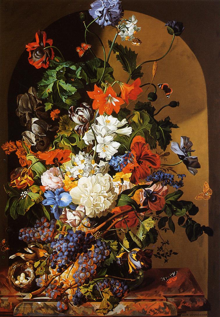 Still Life with Flowers and Grapes, vintage artwork by Leopold Zinnogger, A3 (16x12") Poster Print
