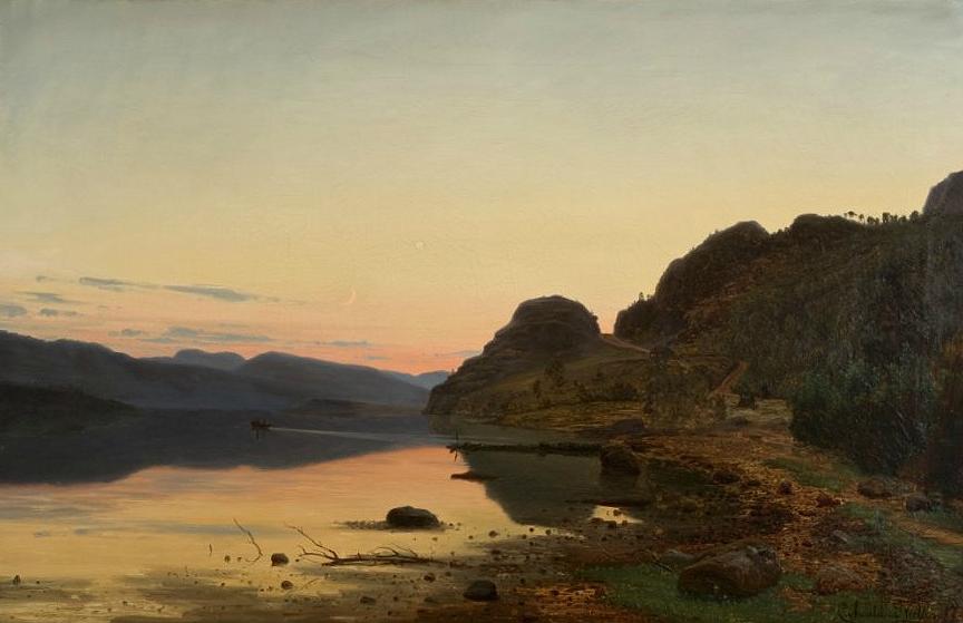 Evening Mood, Skogsfjord, Mandal, vintage artwork by Amaldus Clarin Nielsen, 12x8" (A4) Poster