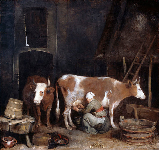 A Maid Milking a Cow in a Barn, vintage artwork by Gerard ter Borch, 12x8" (A4) Poster