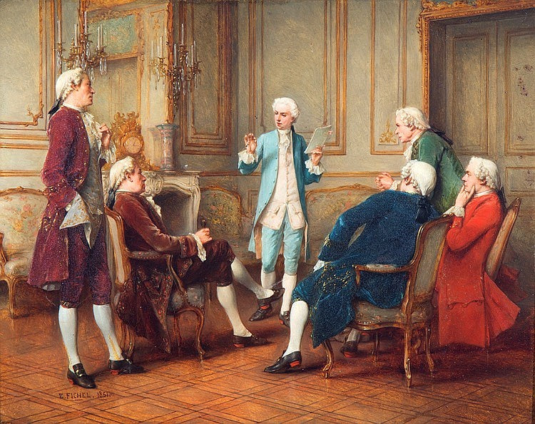 Discourse in a Rococo Interior, vintage artwork by Benjamin Eugene Fichel, 12x8" (A4) Poster