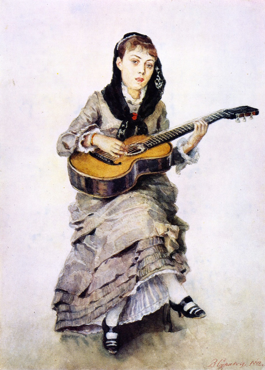 Sophia Kropotkina with a Guitar, vintage artwork by Vasili Ivanovich Surikov, 12x8" (A4) Poster