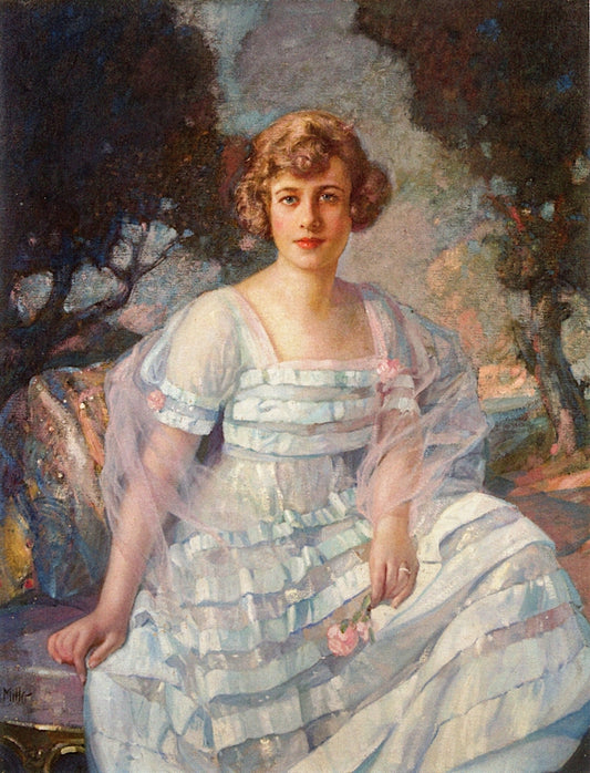 Portrait of a Woman Seated in a Landscape, vintage artwork by Richard Edward Miller, 12x8" (A4) Poster