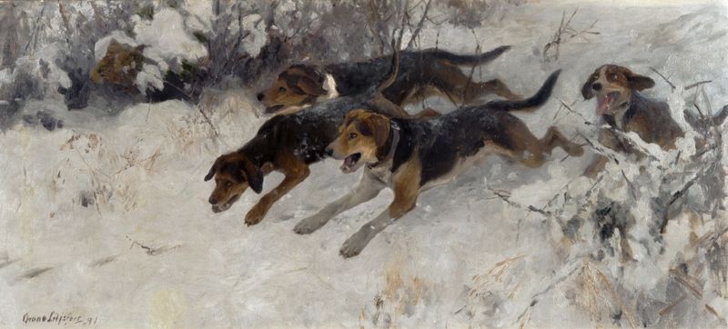 Pack of Scent Dogs, vintage artwork by Bruno Liljefors, 12x8" (A4) Poster
