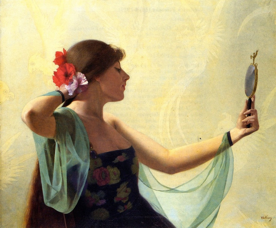 Girl with the Mirror, vintage artwork by Harry Wilson Watrous, 12x8" (A4) Poster