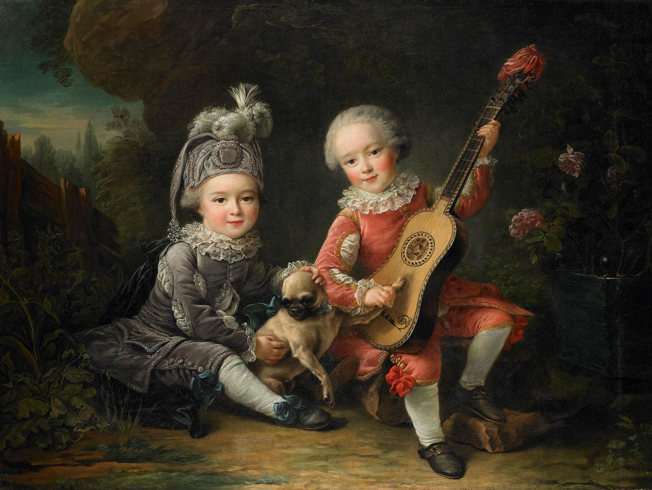 Children of the Marquis de Bethune Playing with a Dog, vintage artwork by François-Hubert Drouais, 12x8" (A4) Poster