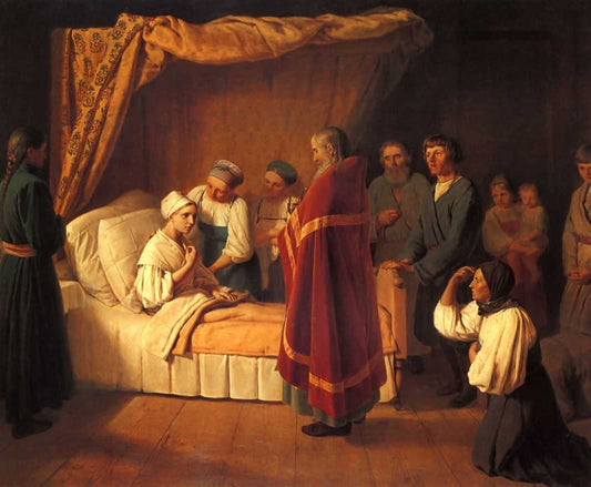 The Communion of a Dying Woman, vintage artwork by Alexei Venetsianov, 12x8" (A4) Poster