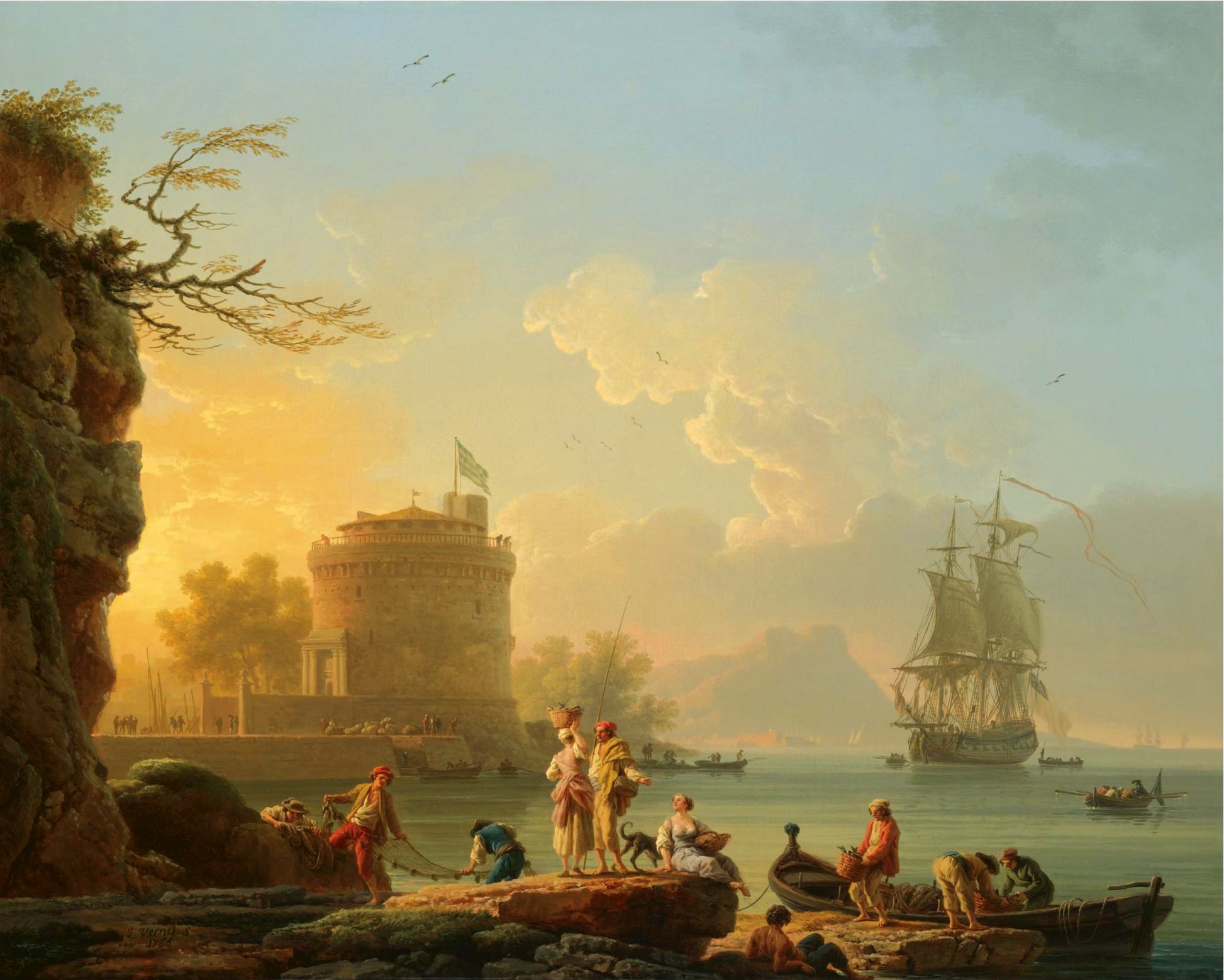 A Mediterranean Harbor Scene at Sunset with Fishermen, vintage artwork by Claude-Joseph Vernet, 12x8" (A4) Poster