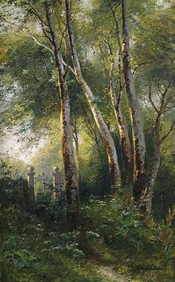 Garden Gate at a Birch Forest, vintage artwork by Marie Oesterley, 12x8" (A4) Poster