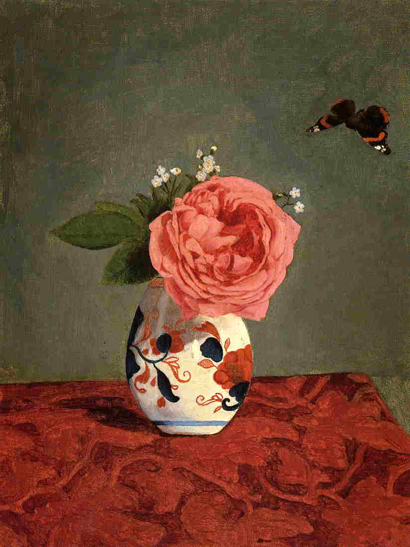 Garden Rose and Blue Forget-Me-Nots in a Vase, vintage artwork by Gustave Caillebotte, 12x8" (A4) Poster