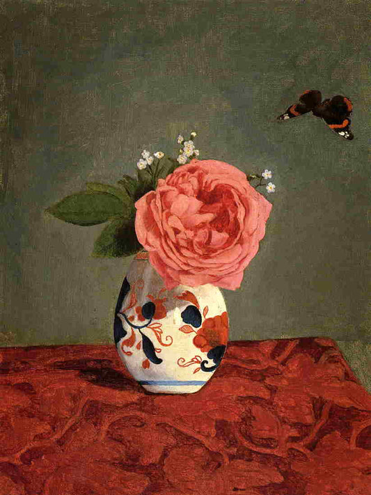 Garden Rose and Blue Forget-Me-Nots in a Vase, vintage artwork by Gustave Caillebotte, 12x8" (A4) Poster