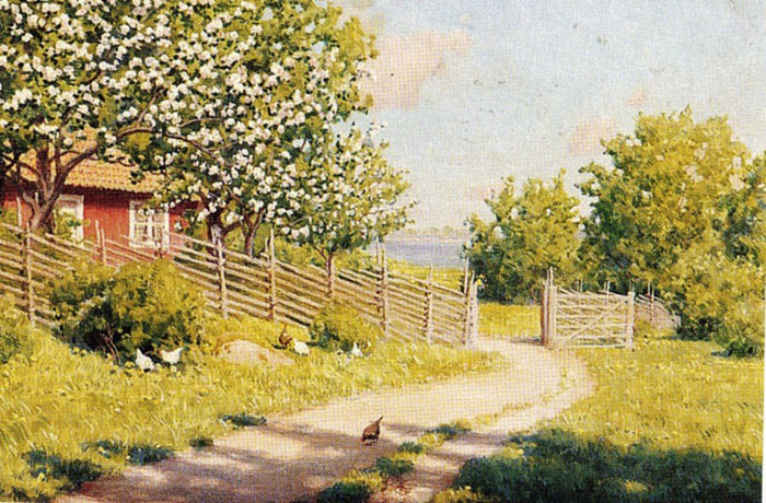 Cottage in early summer greenery by Johan Krouthen,A3(16x12